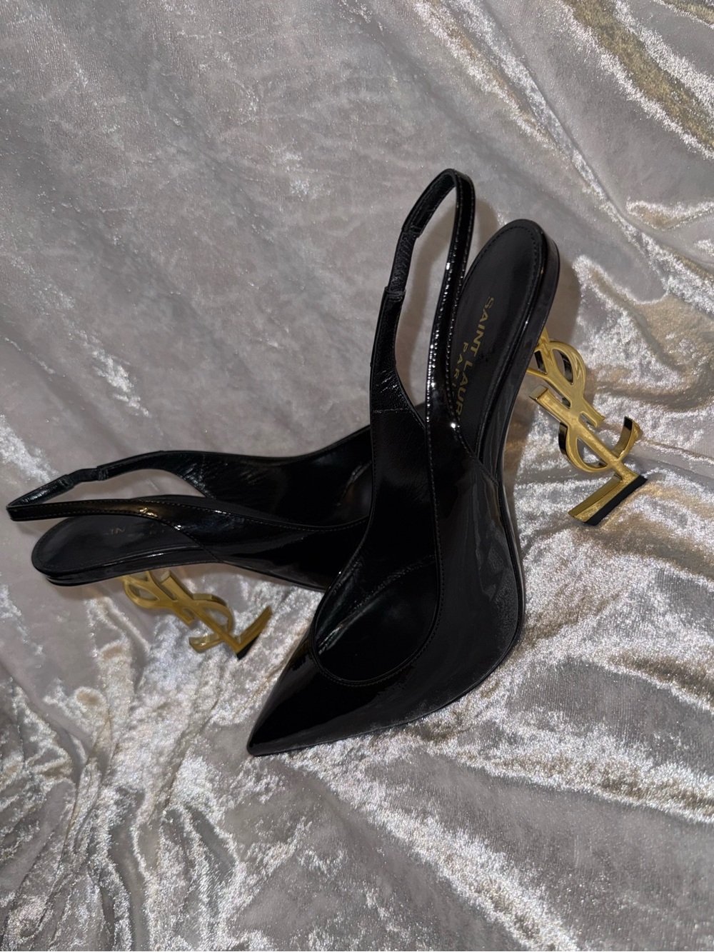 Saint Laurent Black Patent Opyum Slingback Heels with Gold Logo Heel - Picture 4 of 13